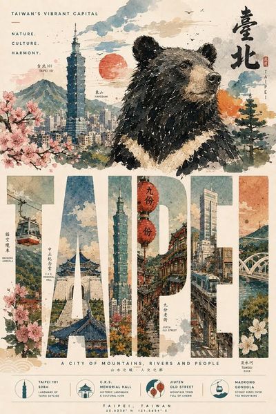 Formosan black bear watches over Taipei 101 in vintage travel poster