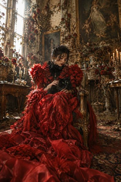 Crimson-clad model strokes black cat in decaying baroque salon