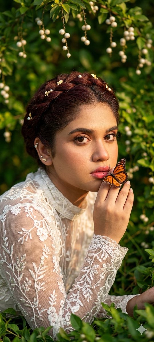 A woman whispers secrets to a butterfly resting on her finger