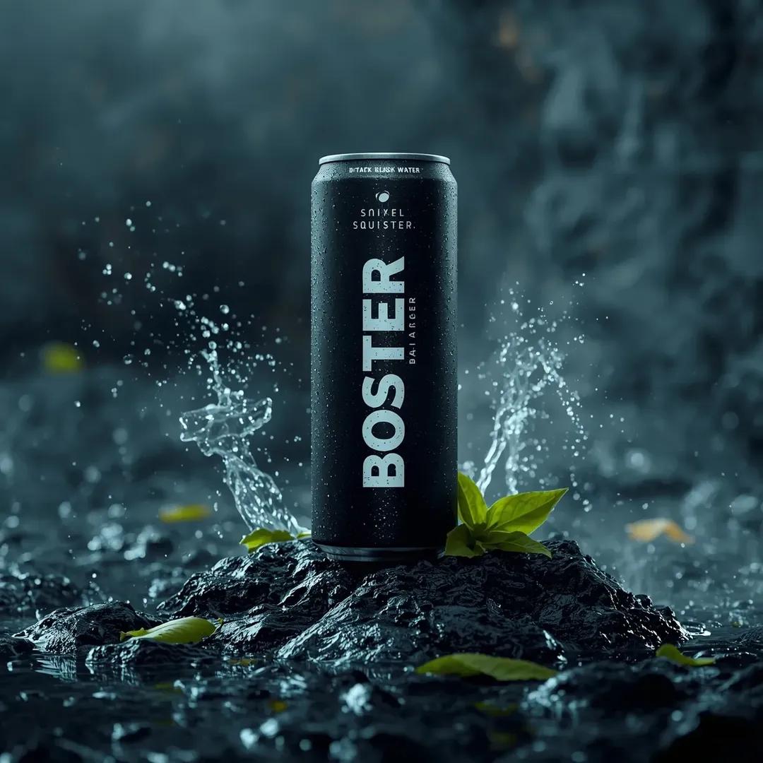 BOSTER Energy Can on Wet Rocks with Cinematic Blue Lighting