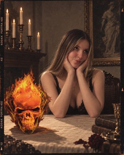 Melancholic woman sits at table with skull and candles in retro film style