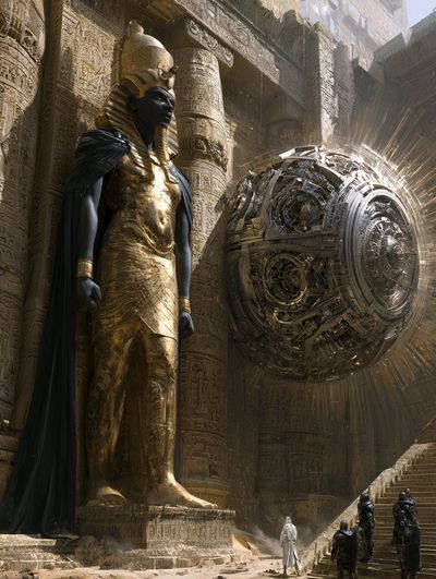 Pharaoh statue with golden body stands beside a glowing metallic sphere