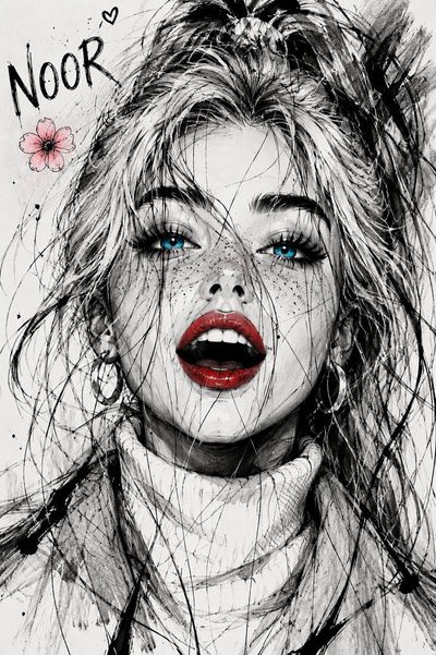 A monochrome ink portrait with sapphire eyes and crimson lips