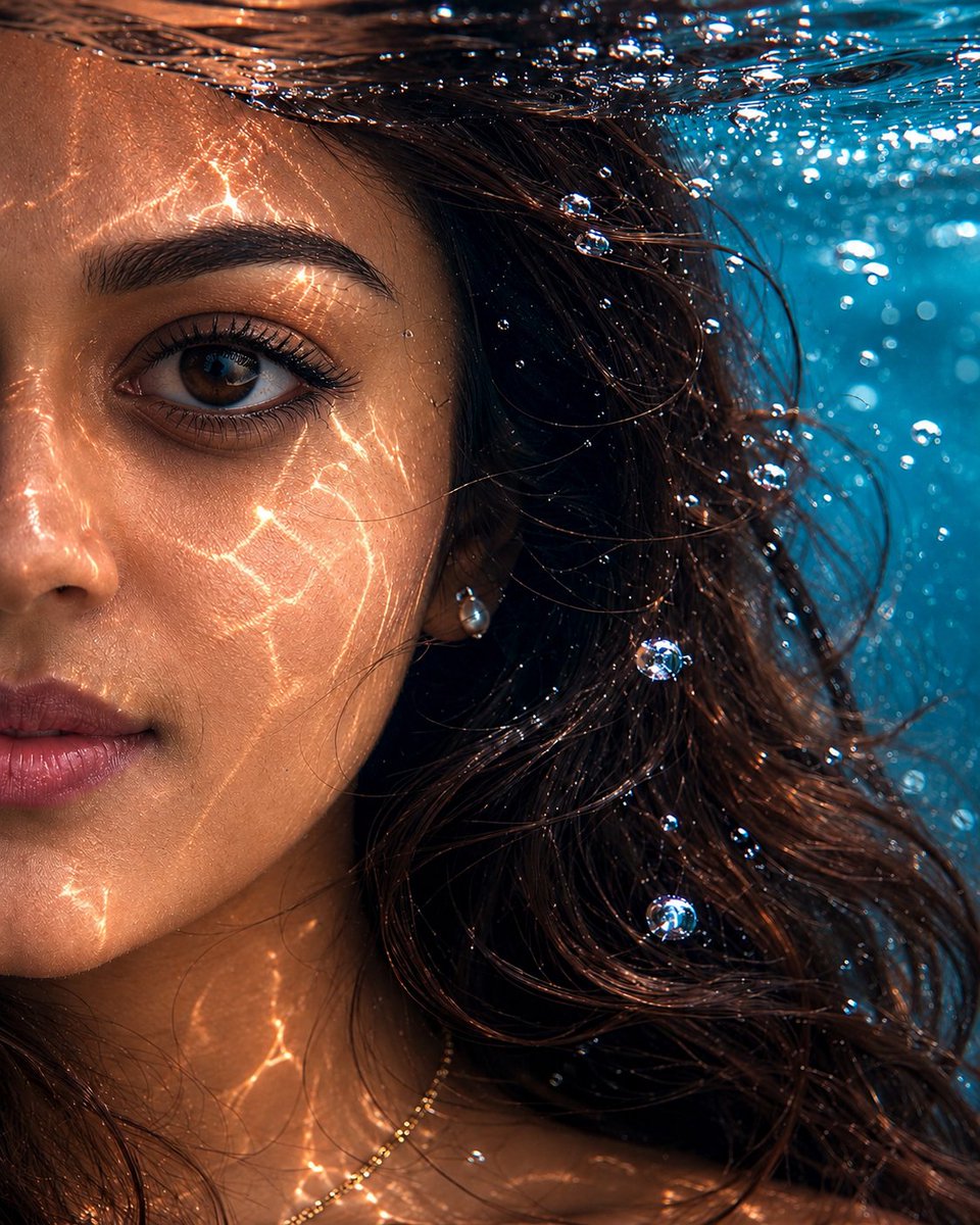 A woman's crystal-blue eye emerges from deep teal water in macro detail