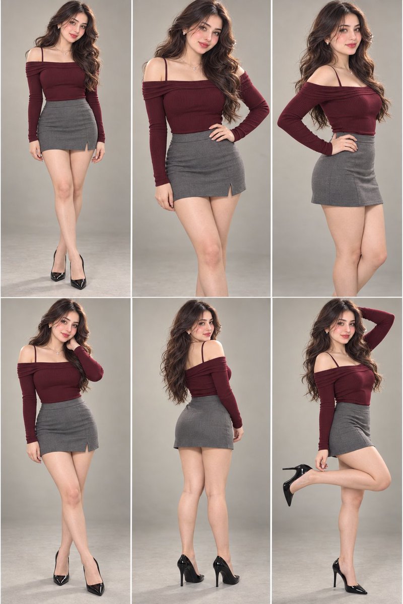 Six-Panel Fashion Character Sheet with Burgundy Top and Gray Skirt