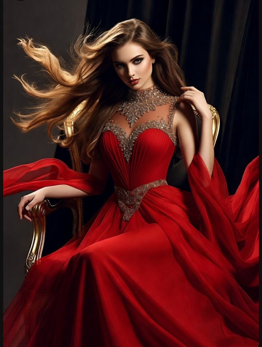 A regal woman in a red gown sits on a gilded chair.
