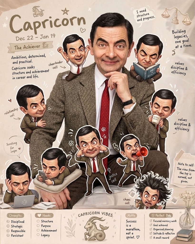 Craft a Cozy Mr. Bean Scrapbook Infographic for Capricorn