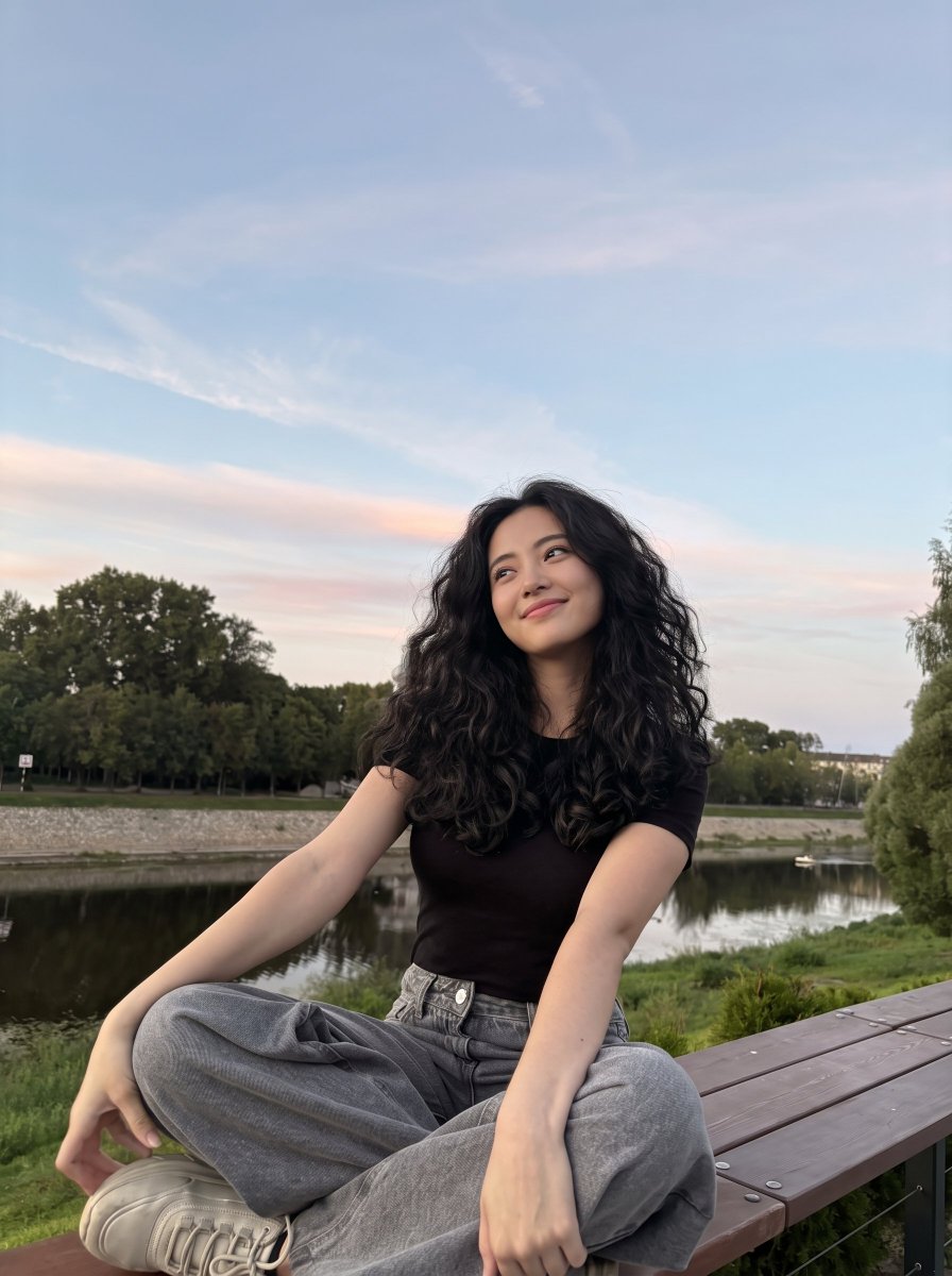 Woman in baggy denim smiles during golden hour on bench