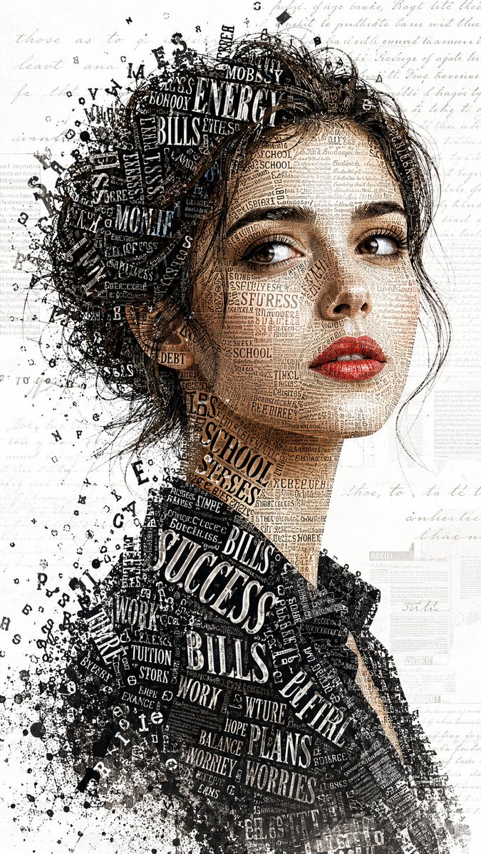 Typographic portrait of a woman formed entirely by words and fonts