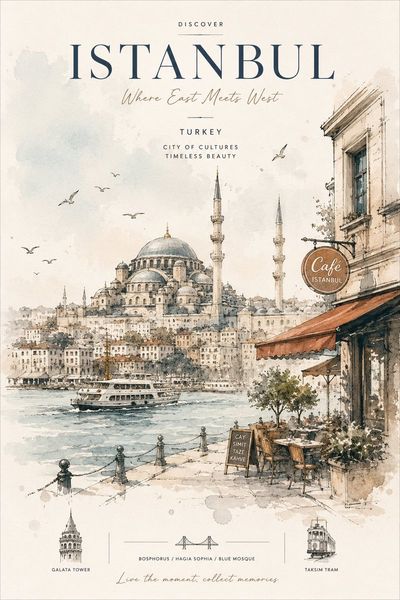 A watercolor travel sketch of Istanbul's skyline with soft ink washes
