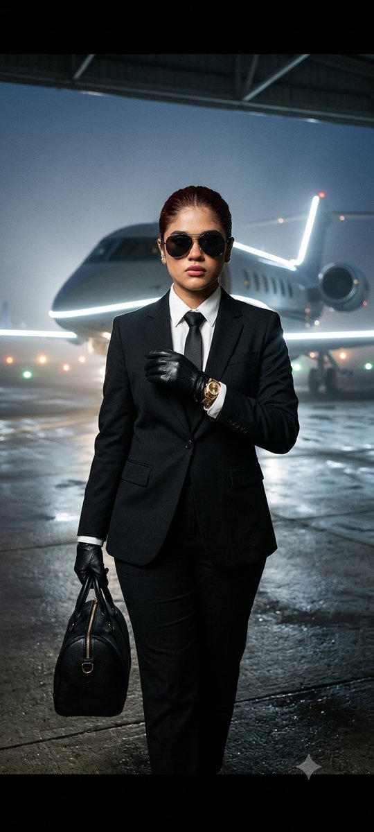 A confident woman in a black suit walks from a private jet
