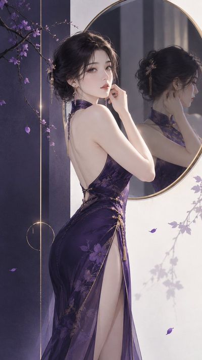 Elegant Eastern Woman Adjusts Earring Before Minimal Round Mirror