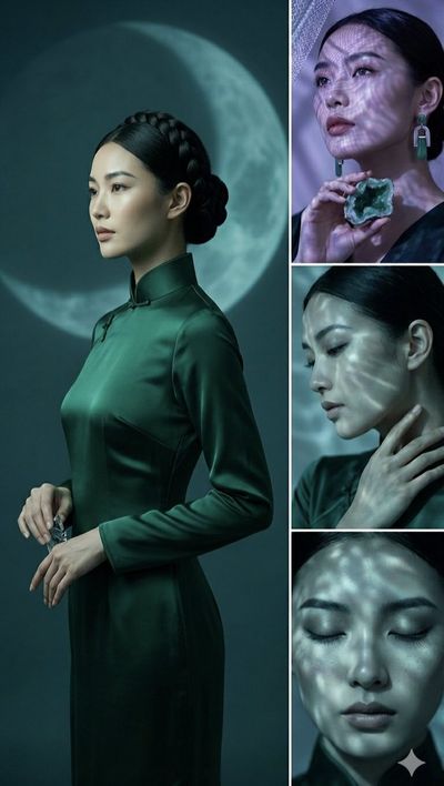 Elegant woman in emerald satin under a crescent moon