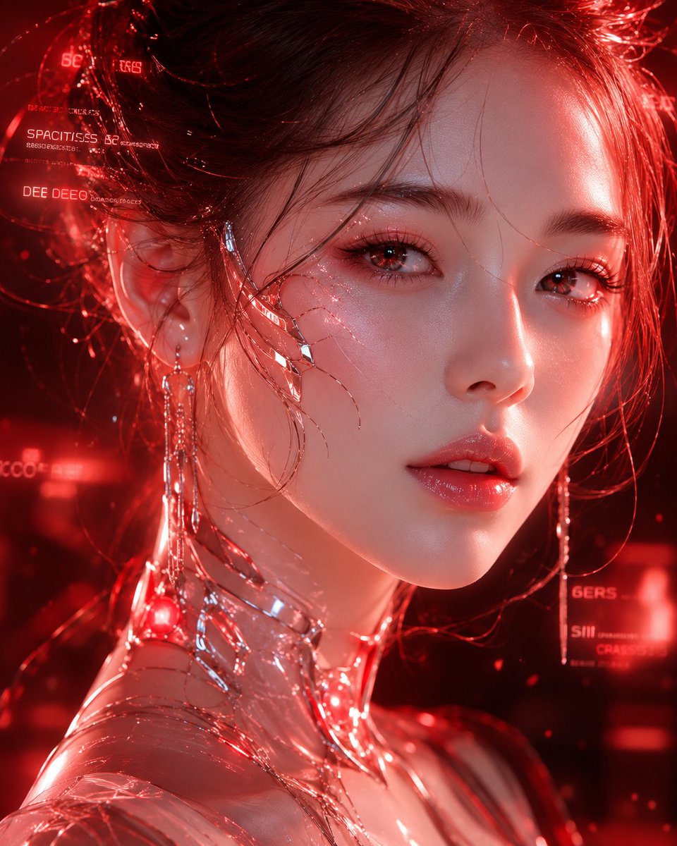A futuristic woman with diamond eyes gazes in soft pink light