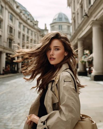 Moody Street Elegance: Trench Coat Portrait in Historic Arcade