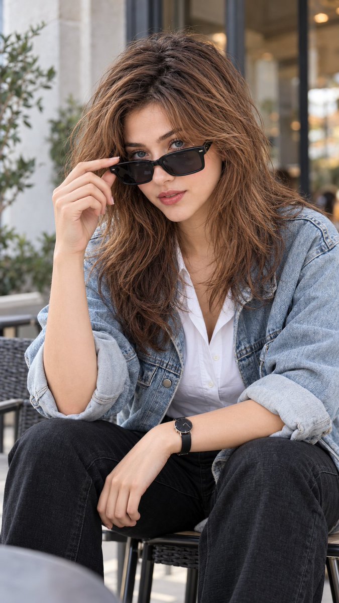 Woman adjusting sunglasses in oversized denim jacket at outdoor café