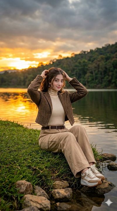 East Asian woman adjusts her hair on grassy lakeside at golden sunset