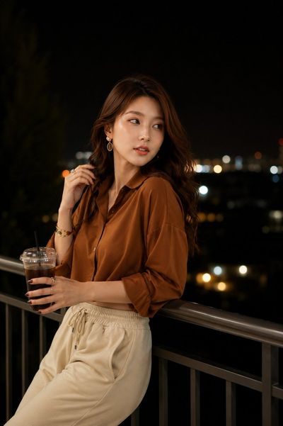 Elegant woman holds iced coffee on balcony overlooking glowing city