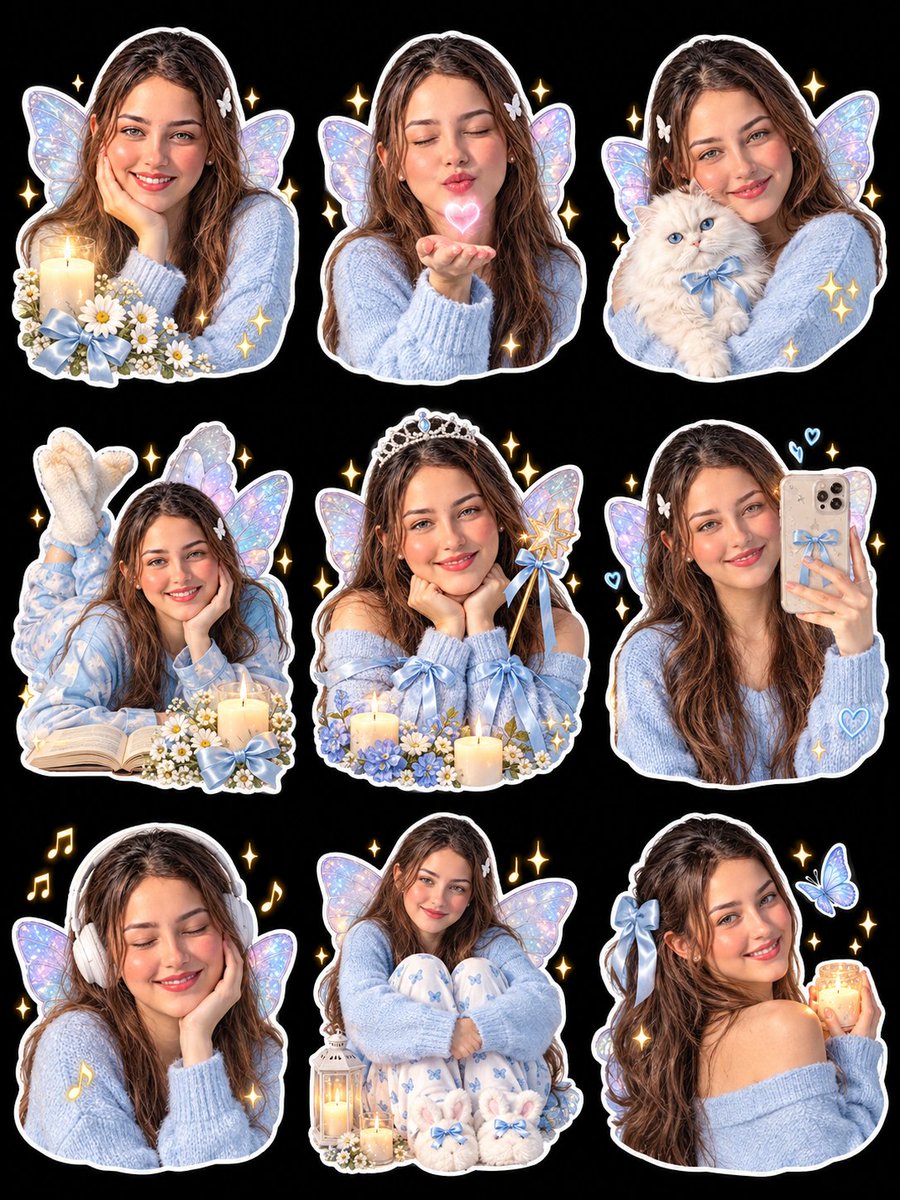 Nine fairy stickers show woman in baby-blue sweater on black