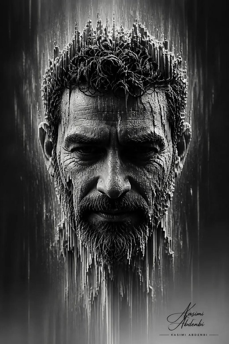 A male face emerges from digital erosion in monochrome