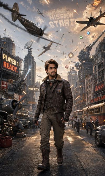 A fearless pilot walks through a city under aerial siege