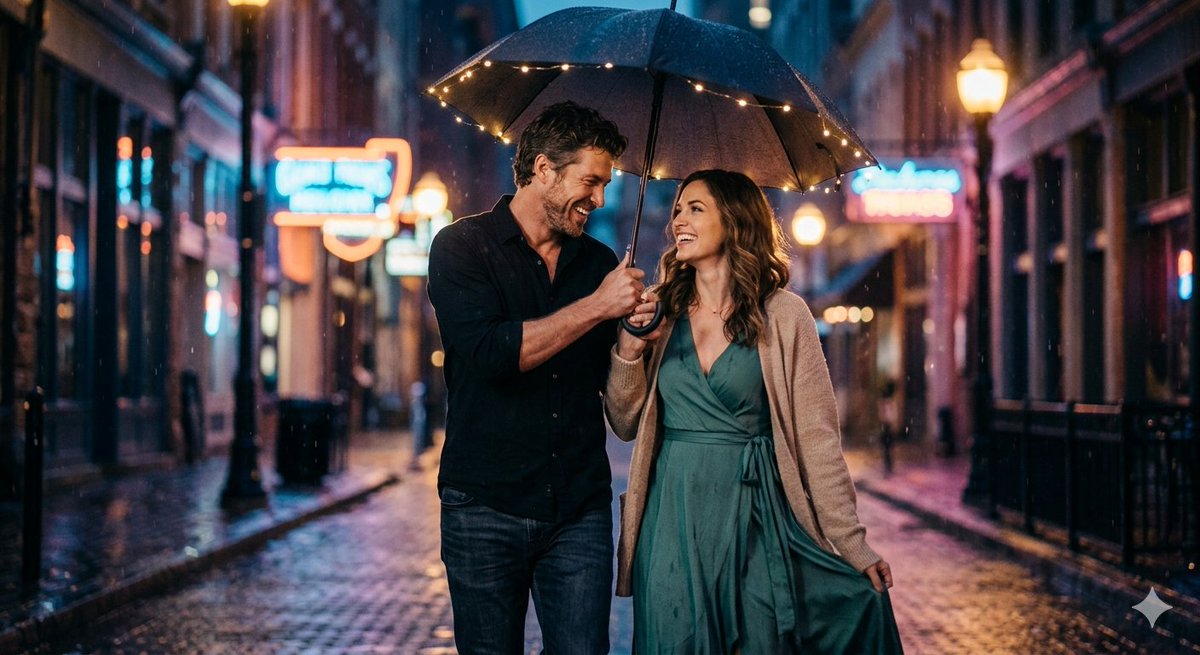 A rugged man and a girl share intimate laughs under neon city lights