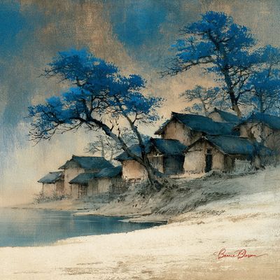 Tranquil Village by Water in Asian Watercolor