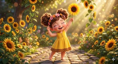 Chibi girl in yellow dress raises sunflower under golden sunlight