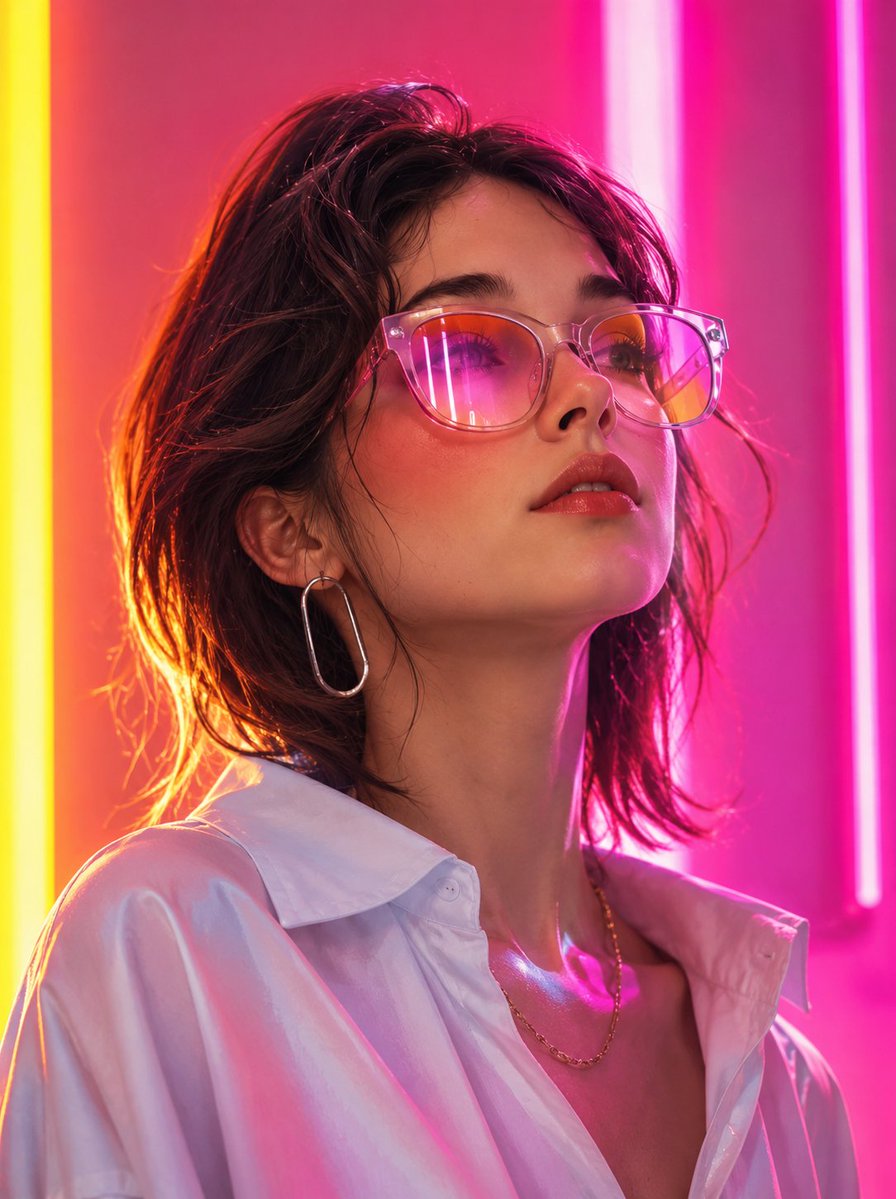 A stylish woman in neon light looks upward with confidence