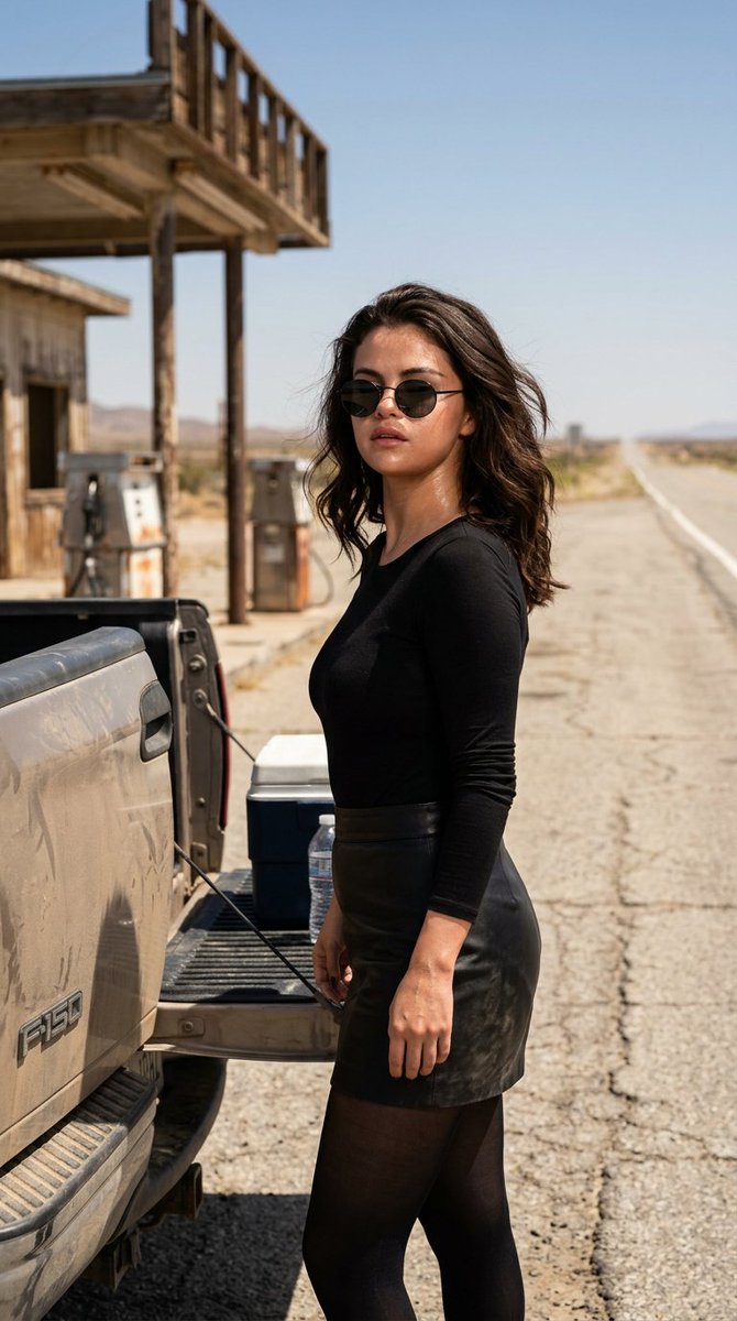 Selena Gomez leans against a dusty truck in desert heat