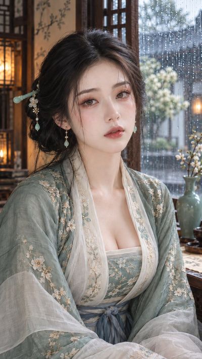 Cinematic portrait of a serene scholar lady in rainy window glow