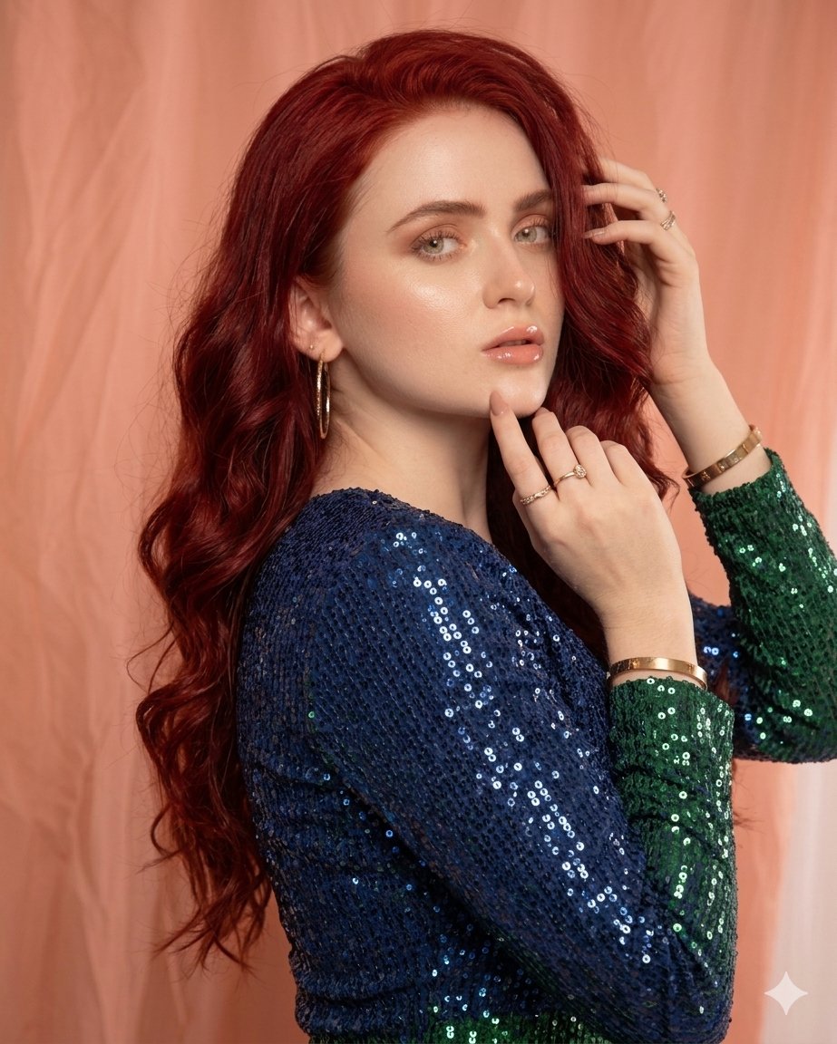 Radiant Elegance: Sequined Gradient Mini Dress with Fiery Red Hair