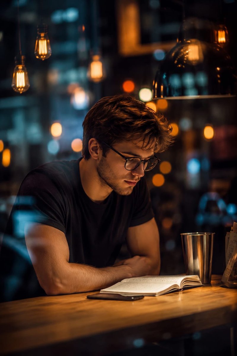 A thoughtful young man studies in a cozy café at night.