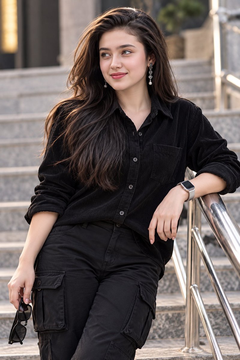 Stylish South Asian Woman Leans on Railing at Stone Staircase