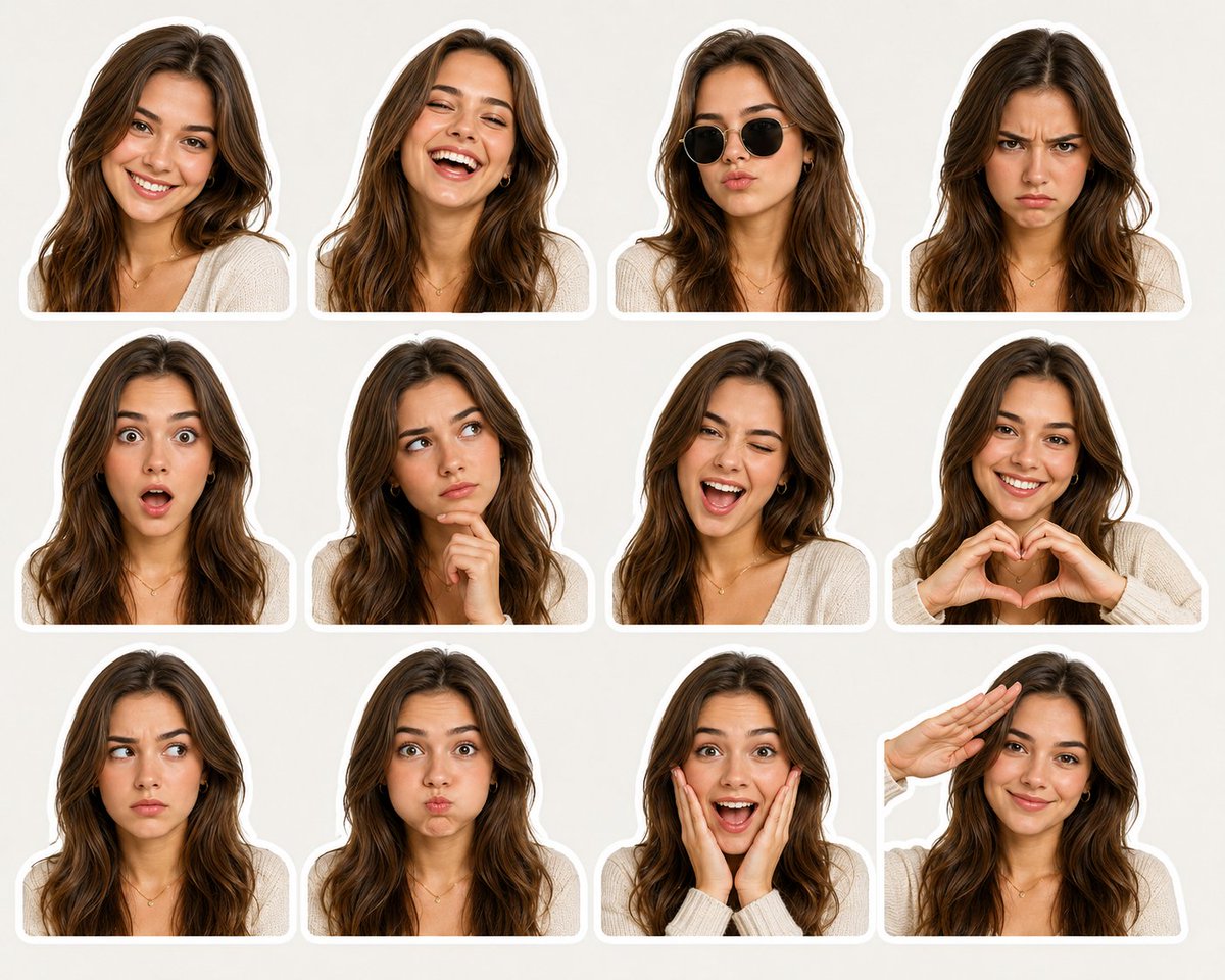 A young woman displays twelve diverse expressions on a sticker sheet.