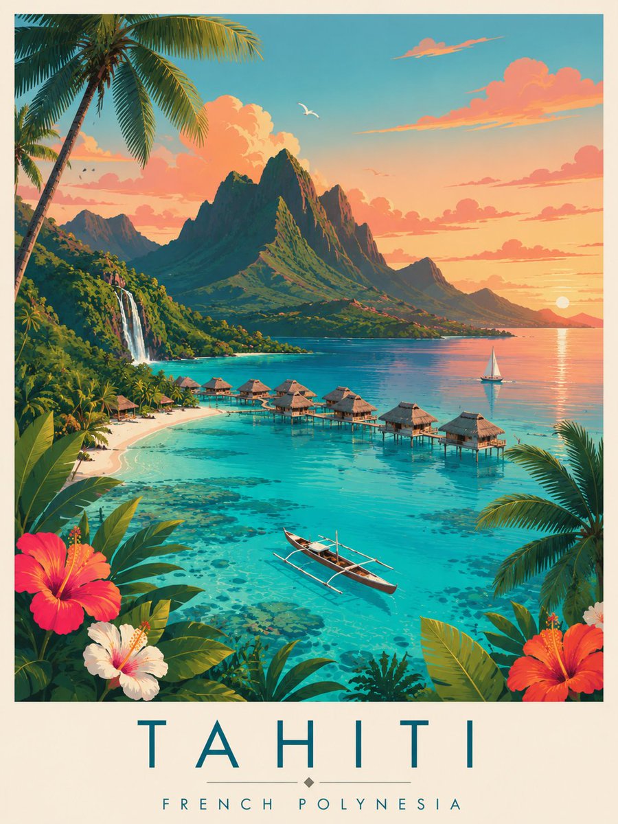 Turquoise lagoon and lush mountains frame Tahiti's serene sunset paradise