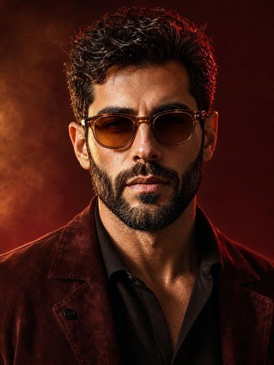 Man in burgundy jacket with amber sunglasses in studio light