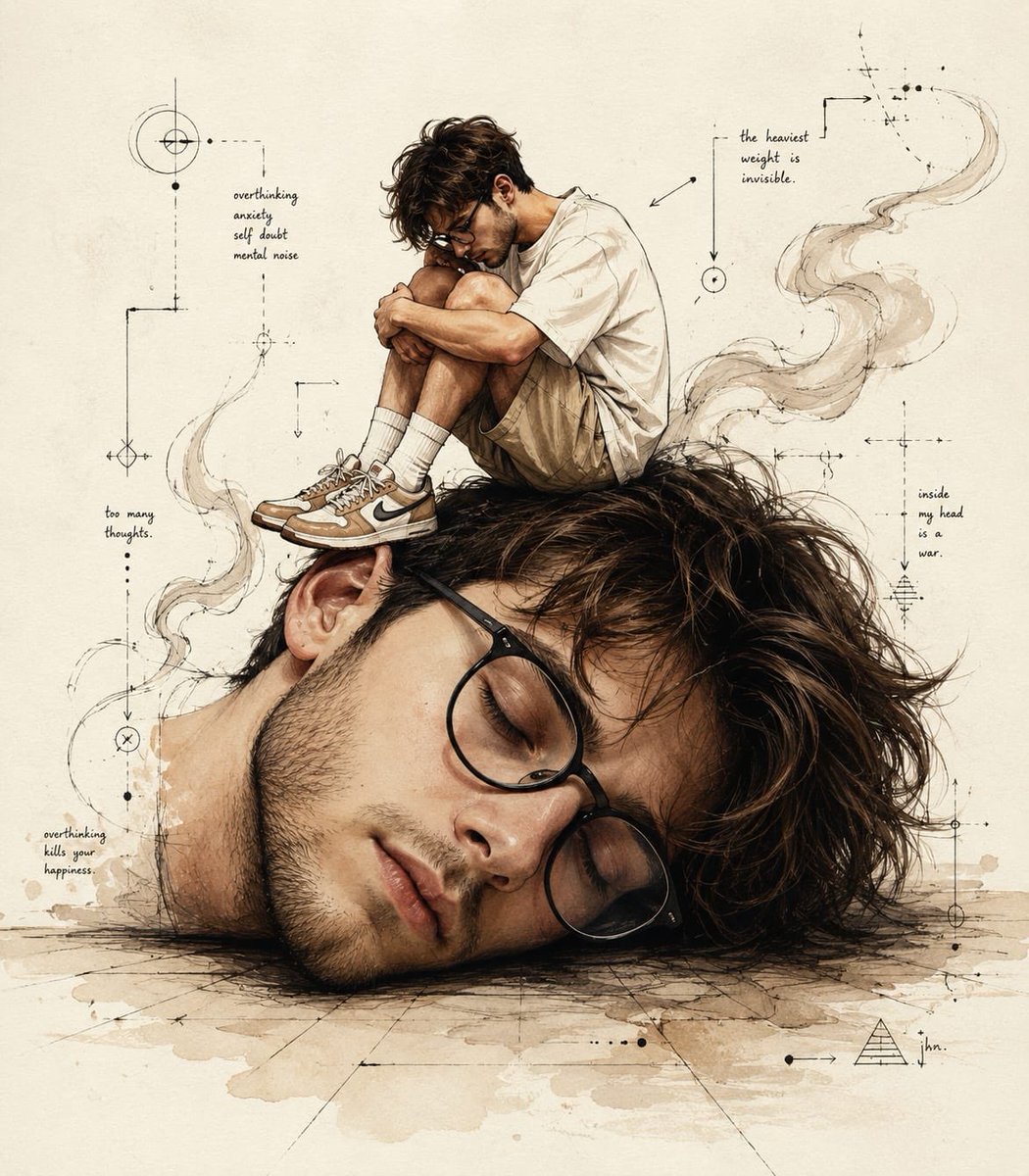 A sad man sits curled atop his own giant sleeping head