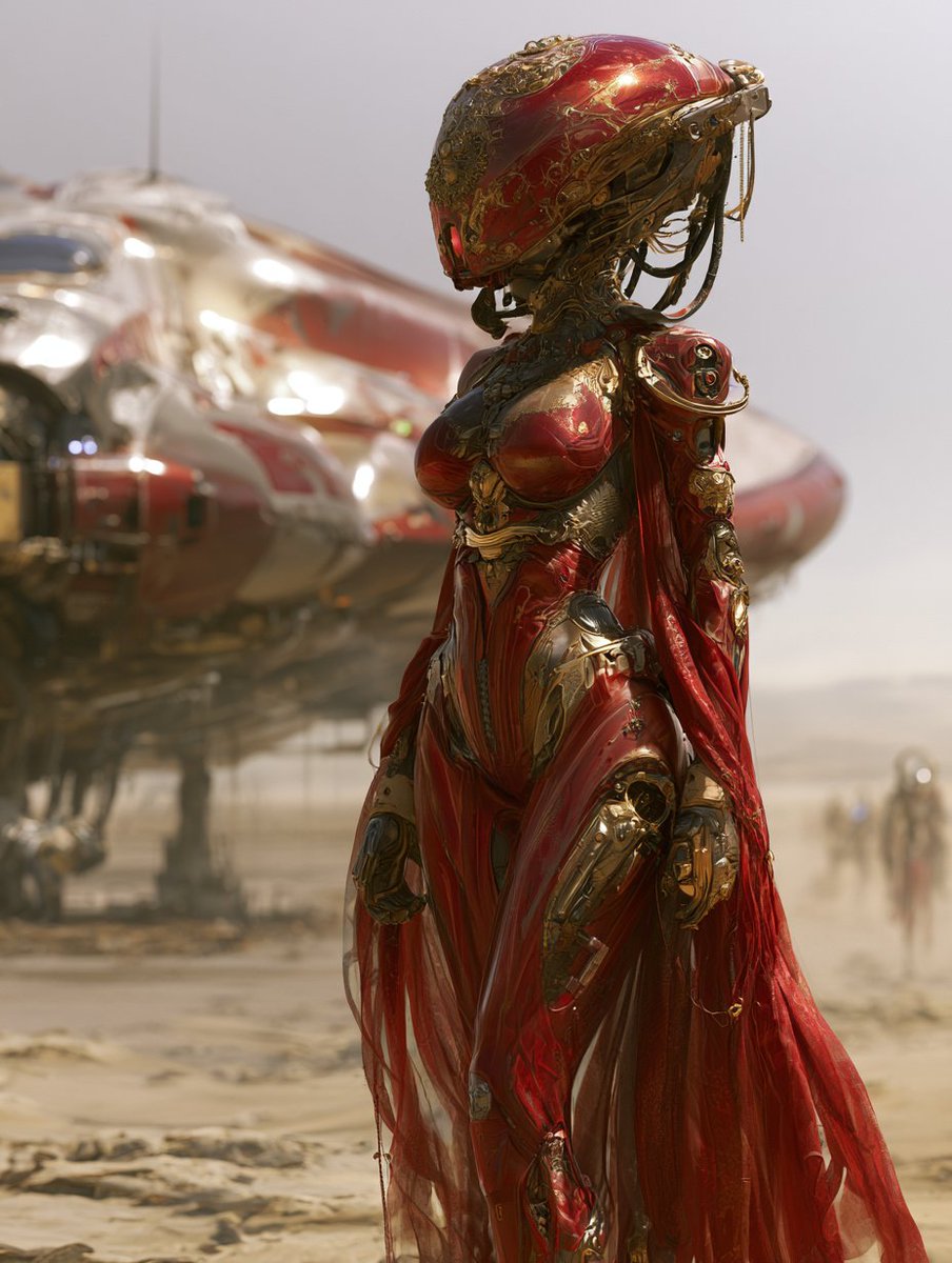 A crimson-clad warrior stands beside her starship on a desert world.