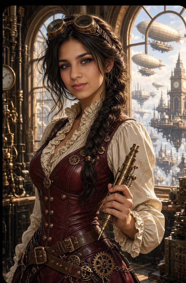 Steampunk woman holds brass spyglass in retro workshop with zeppelins