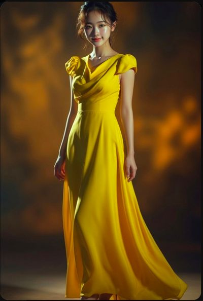 A radiant woman in vibrant yellow dress poses elegantly under warm lights