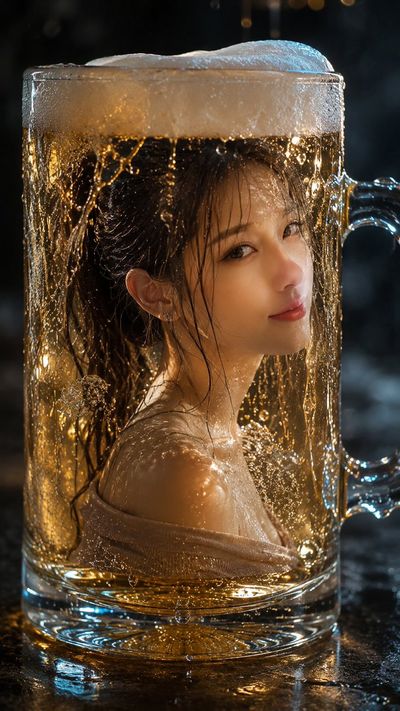 A woman floats calmly inside a giant golden beer mug
