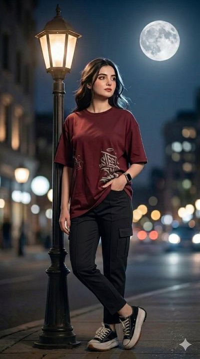 A stylish character stands under moonlight beside a street lamp