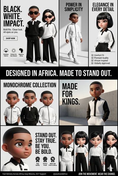 Monochrome chibi models pose in luxury African streetwear campaign