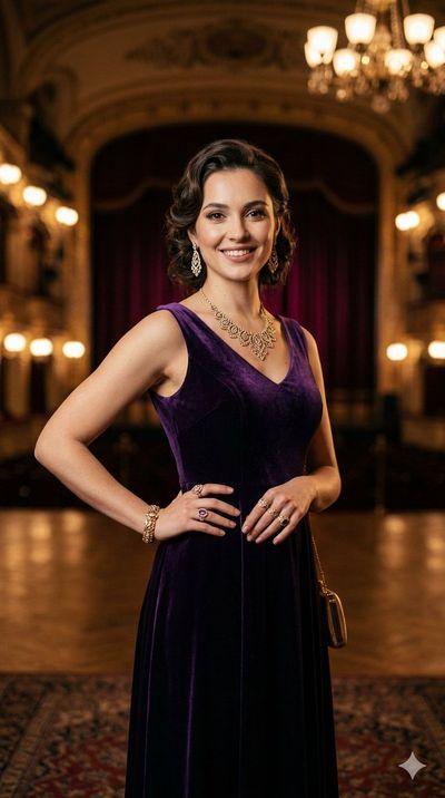 A brunette woman in purple velvet poses before a grand chandelier
