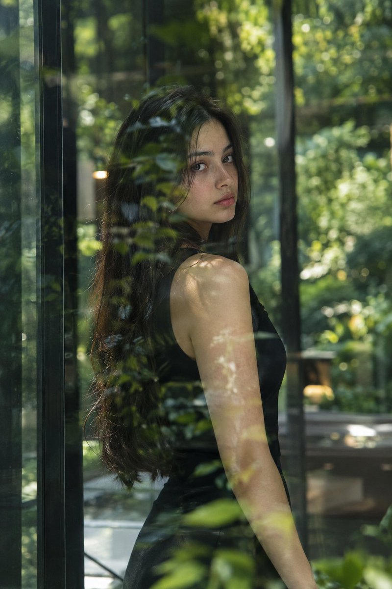 Woman in black dress gazes through reflective glass amid lush greenery