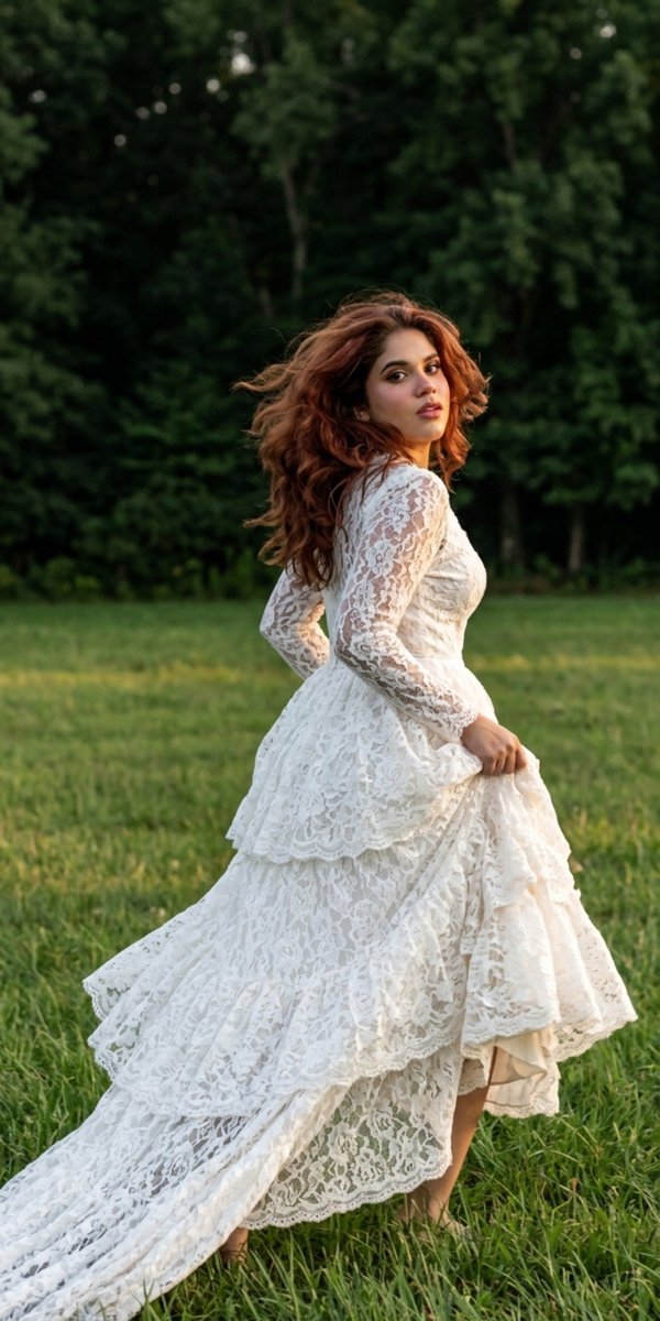 Woman in white lace dress runs through green meadow