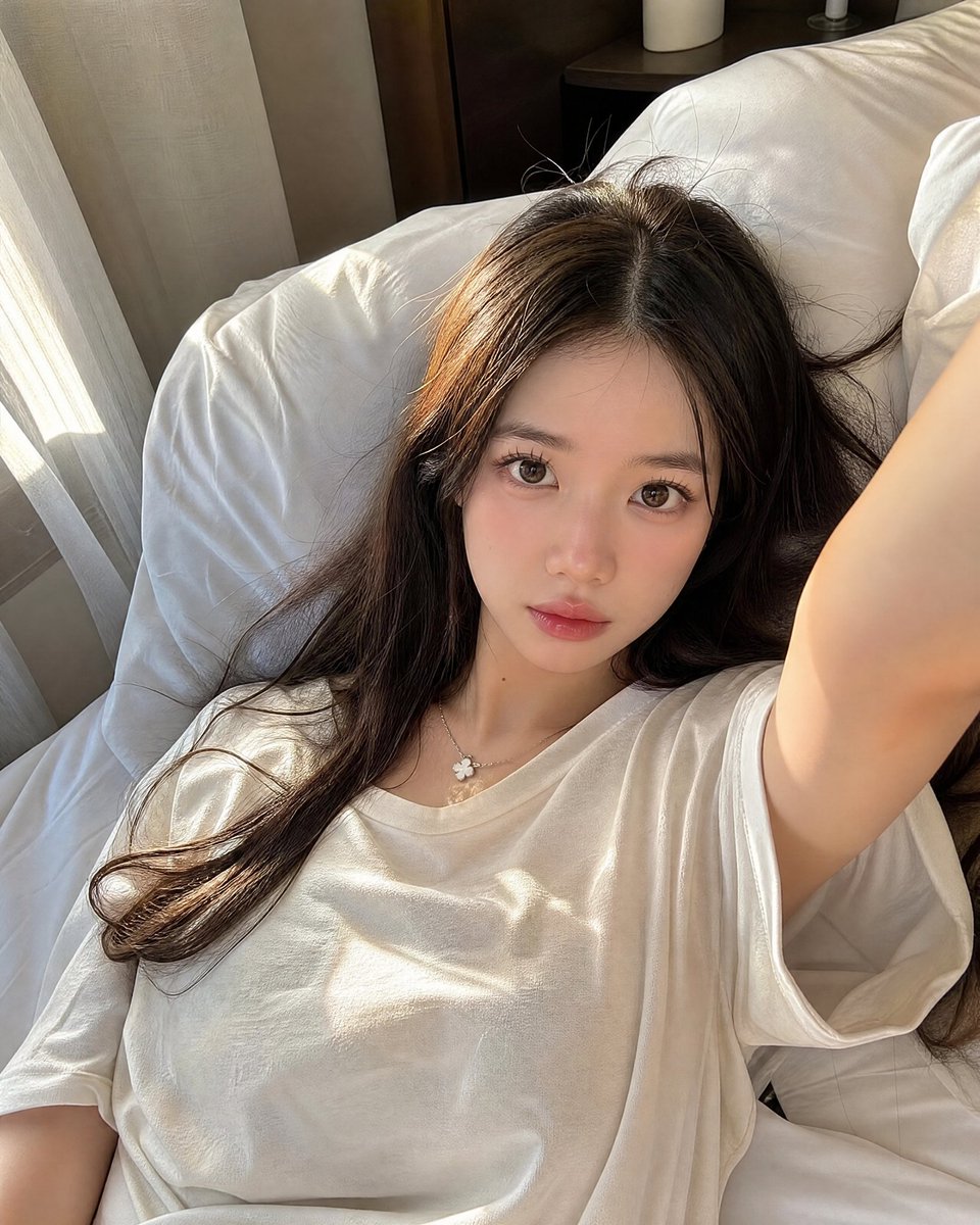 A woman takes a lazy morning selfie in soft sunlight.