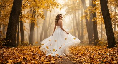 A bride walks through golden autumn mist in flowing white gown