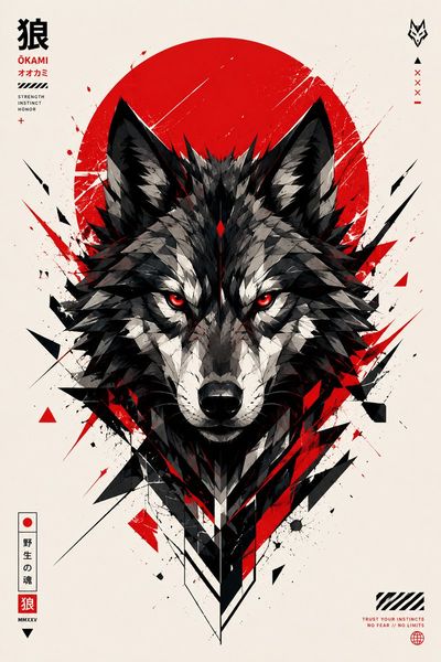 Geometric wolf with red eyes dominates minimalist Japanese poster